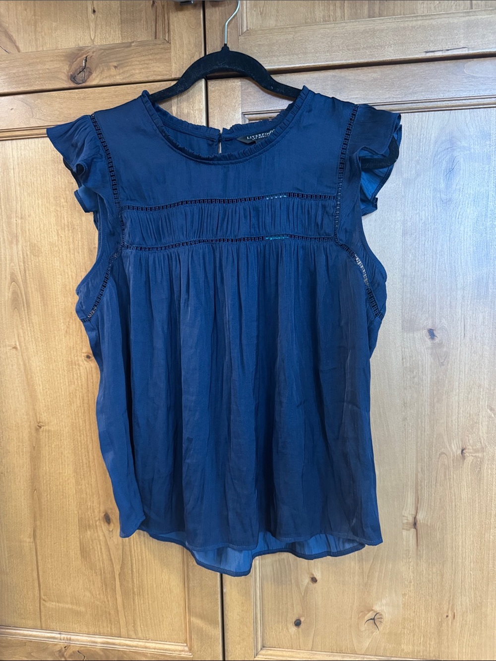 Liverpool Navy Ruffle Cap-Sleeve Blouse